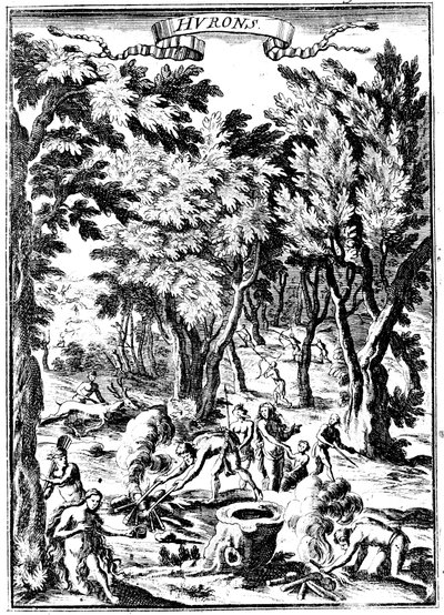 هنود أمريكا الشمالية هورون يصطادون ويجهزون الطعام في الغابات ، 1686 بواسطة غير معروف