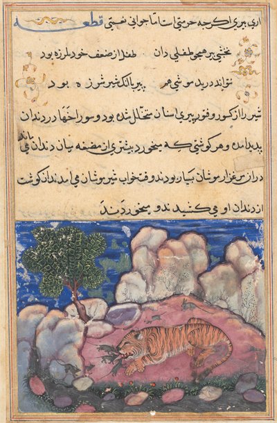 صفحة من حكايات ببغاء توتي ناما: الليلة الخامسة عشرة: الأسد منزعج من الفئران ... ، 1558-1560. بواسطة غير معروف