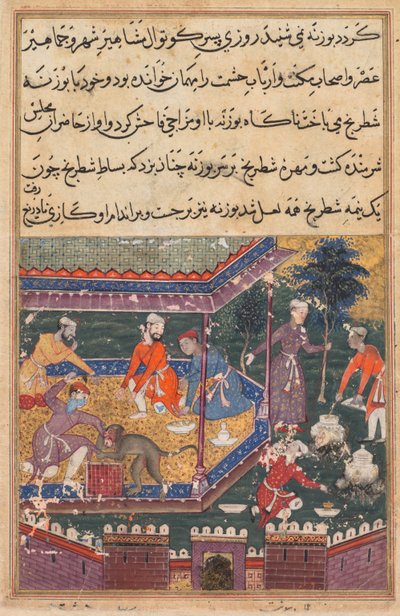 صفحة من حكايات ببغاء توتي ناما: الليلة الخامسة: القرد المصاب يعض اليد.، c1560. بواسطة غير معروف