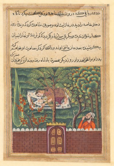 صفحة من حكايات الببغاء توتي ناما: الليلة الحادية والخمسون: خليقة ، وزير ، يرى ... ، c1560. بواسطة غير معروف