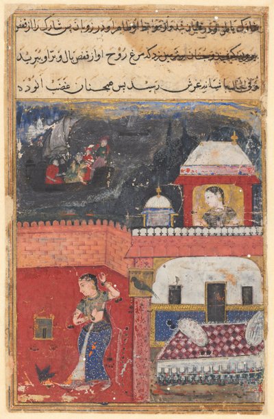 صفحة من حكايات ببغاء توتي ناما: الليلة الأولى: خوجاستا يقتل الحيوانات الأليفة ... ، ج. 1560. بواسطة غير معروف