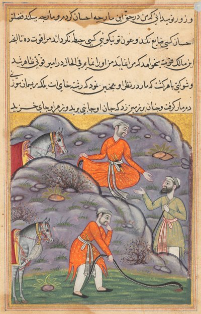 صفحة من حكايات ببغاء توتي ناما: الليلة الخامسة والأربعون: الأمير يذبح الأفعى ... ، ج. 1560. بواسطة غير معروف