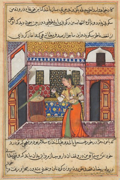صفحة من حكايات الببغاء توتي ناما: الليلة الثالثة والأربعون: الببغاء يخاطب خوجاستا ، ج. 1560. بواسطة غير معروف