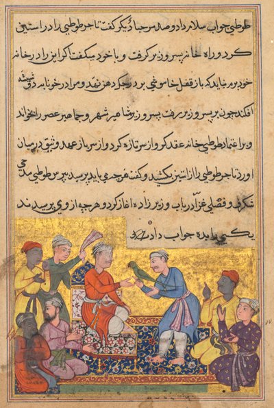 صفحة من حكايات ببغاء توتي ناما: الليلة العاشرة: الببغاء السحري للتجار ، ج. 1560. بواسطة غير معروف