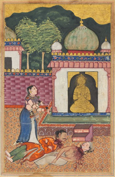صفحة من حكايات الببغاء توتي ناما: الليلة الرابعة والثلاثون: الأميرة تكتشف ... ، ج. 1560. بواسطة غير معروف
