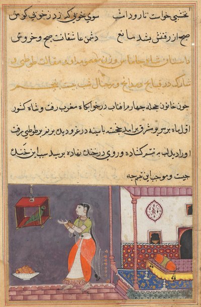صفحة من حكايات الببغاء توتي ناما: الليلة الخامسة والعشرون: الببغاء يخاطب خوجاستا ... ، c1560 بواسطة غير معروف
