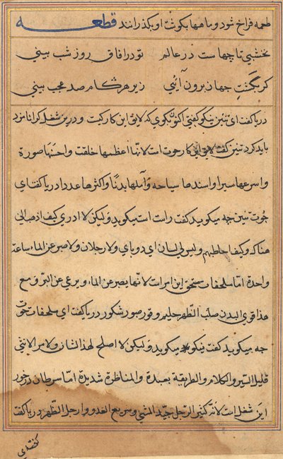 صفحة من حكايات ببغاء توتي ناما: صفحة نصية ، ج. 1560. بواسطة غير معروف