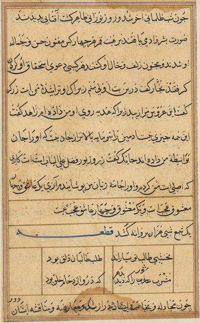 صفحة من حكايات ببغاء توتي ناما: صفحة نصية ، ج. 1560. بواسطة غير معروف