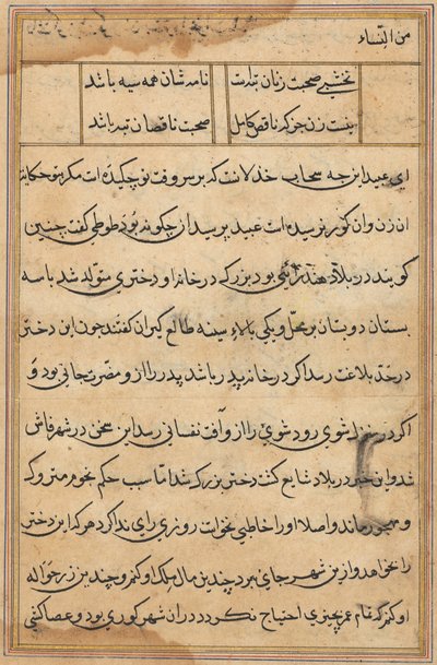 صفحة من حكايات ببغاء توتي ناما: صفحة نصية ، ج. 1560. بواسطة غير معروف
