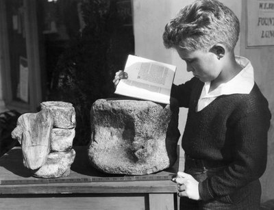بالوس فيرديس ، كاليفورنيا: حوالي عام 1927 صبي صغير يدرس علم الآثار باستخدام فقرات متحجرة من عصور ما قبل التاريخ وجدت في التلال القريبة. (ب / ث الصورة) بواسطة غير معروف