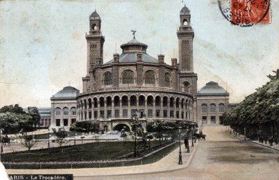 باريس: منظر خارجي لقصر تروكاديرو - بطاقة بريدية مؤرخة عام 1908 بواسطة غير معروف