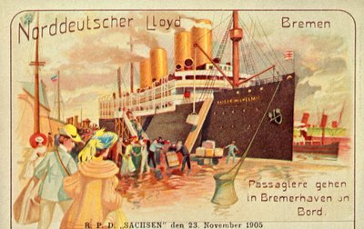ركاب يستقلون سفينة SS Kaiser Wilhelm II العملاقة في بريمرهافن ، 1905. بواسطة غير معروف