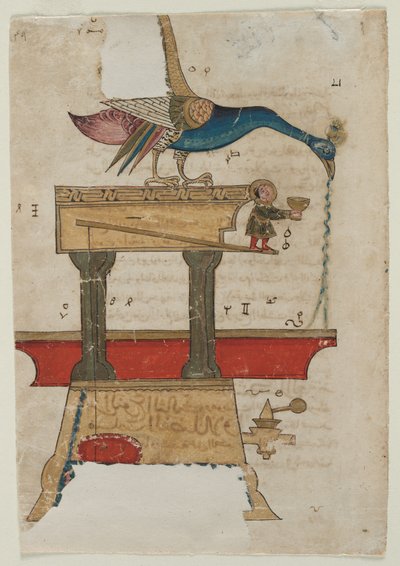 جهاز غسل اليدين على شكل طاووس: رسم توضيحي من كتاب المعرفة ... المستقيم ، 1315. بواسطة غير معروف