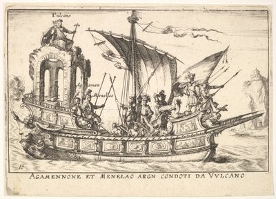 اللوحة 10: أجاممنون ومينيلوس جالسان في قارب برفقة شخصيات أخرى ، بما في ذلك V ... ، 1664. بواسطة غير معروف