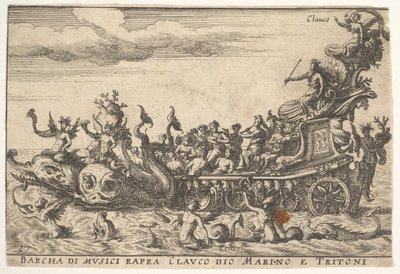 اللوحة 16: سفينة الموسيقيين مع إله البحر Claucus and tritons Barcha di musici rapra C ...، 1664. بواسطة غير معروف