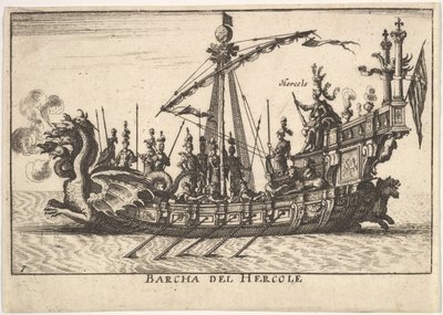 اللوحة 1: سفينة هرقل Barcha del Hercole ، مع مقدمة رأس التنين و Hercules على pl ... ، 1664. بواسطة غير معروف