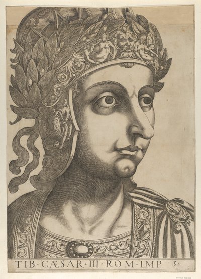 اللوحة 3: استدار تيبيريوس إلى اليمين ، من كتاب "القياصرة الاثنا عشر" ، 1610-40. بواسطة غير معروف