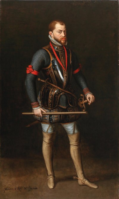 صورة لفيليب الثاني 1527-1598 ، ملك إسبانيا ، مرتديًا مدرعًا ووسام الصوف الذهبي. بواسطة غير معروف