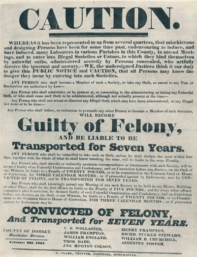 الملصقات التي تحذر أولئك المذنبين بقسم غير قانوني كانت عرضة للترحيل ، 1834 ، 1934. بواسطة غير معروف