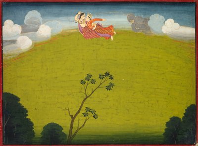 براديومنا ومايافاتي يطيران إلى Dvaraka ، من سفينة Basohli Bhagavata Purana الكبيرة ، ج. 1760-1765. بواسطة غير معروف