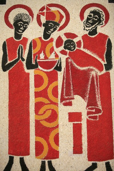 Presentation de Jesus au Temple تم تصميم لوحة جدارية لكنيسة دير كور موسى ورسمها في عام 1963 من قبل دوم جورج ساجيت ، كور موسى ، السنغال بواسطة غير معروف