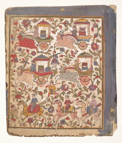 موكب عربات تحمل الغنائم ... من مخطوطة Bhagavata Purana المشتتة ، c1640-50. بواسطة غير معروف