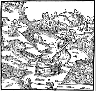 إنتاج الملح بتبخر المحلول الملحي الطبيعي بصبه في حفرة من حرق الفحم ، 1556 بواسطة غير معروف