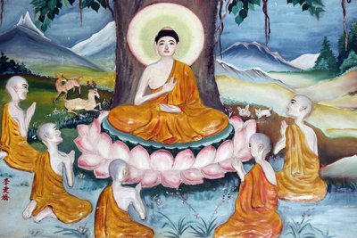 معبد Quan The Am Bo Tat (معبد Avalokitesvara Bodhisattva). شاكياموني بوذا يخطب في العظة - عجلة القانون - لتلاميذه الخمسة. فونج تاو. فيتنام بواسطة غير معروف