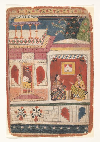 تجلس رادها وأحد المقربين لها في غرفة مفتوحة: صفحة من Rasikapriya المتفرقة ، كاليفورنيا. 1680-90. بواسطة غير معروف