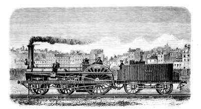 قاطرة بخارية للسكك الحديدية صممها المهندس الإنجليزي توماس راسل كرامبتون عام 1849 بواسطة غير معروف