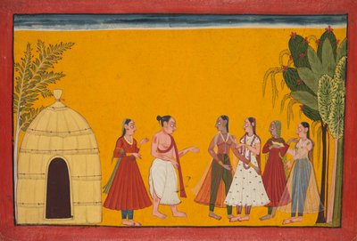 راما وسيتا يتم أخذهما إلى الكاهن لإصلاح موعد الزفاف ، صفحة من رامايانا ... ، c1700-17 بواسطة غير معروف