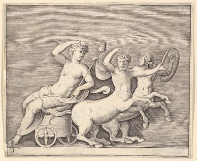 مستلق الشكل الأنثوي على عربة رسمها اثنان سنتورس ، تم نشره في كاليفورنيا. 1599-1622. بواسطة غير معروف