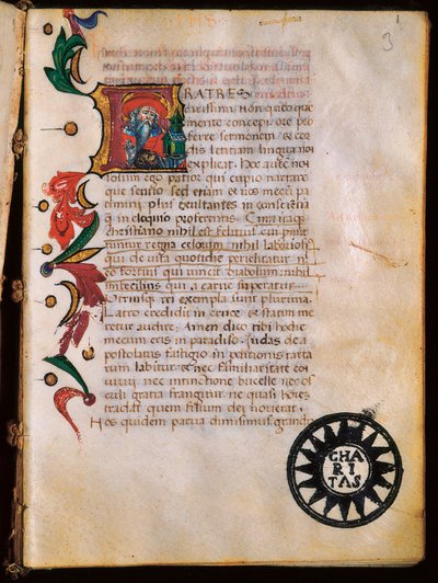 تمثيل القديس جيروم (347-420) ، صفحة مزخرفة مأخوذة من "Opuscola theologica". بواسطة غير معروف