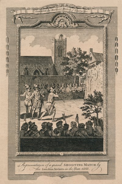 تمثيل مباراة الرماية الكبرى من قبل رماة لندن في العام 1583 ، 1775. بواسطة غير معروف
