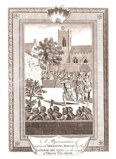 تصورات مباراة الرماية من قبل رماة لندن في عهد الملكة إليزابيث ، 1793 بواسطة غير معروف