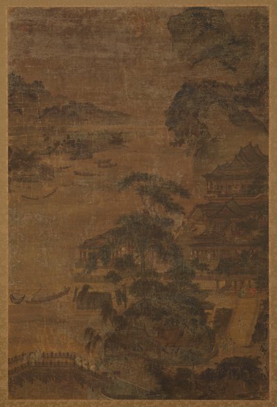 المناظر الطبيعية للنهر: الجبال وأشجار الصنوبر والمباني ، سلالة مينغ ، 1368-1644. بواسطة غير معروف