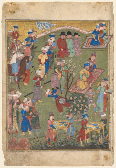 العيد الملكي في حديقة مستقيمة من واجهة صفحة مزدوجة من Shahnama ... ، 1444. بواسطة غير معروف