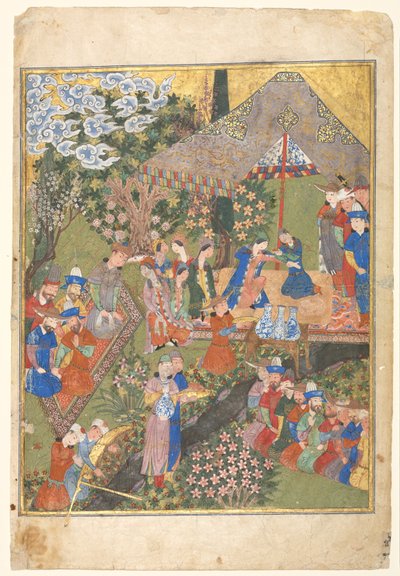 استقبال ملكي في مناظر طبيعية ، الورقة اليمنى من واجهة صفحة مزدوجة ... ، 1444. بواسطة غير معروف