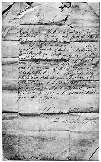الانتداب الملكي لمحو اسم لوك من طلاب كنيسة المسيح ، أكسفورد ، 1684 ، 1894 بواسطة غير معروف