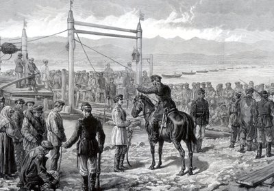 المدانون الروس تحت حراسة عسكرية في انتظار نقلهم عبر نهر ينيسي ، سيبيريا ، 1882 بواسطة غير معروف