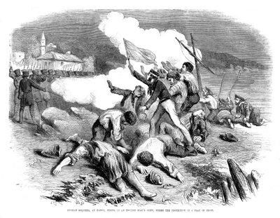 جنود روس يطلقون النار على طاقم قوارب إنجليزية ، تحت حماية علم الهدنة ، 1855 بواسطة غير معروف