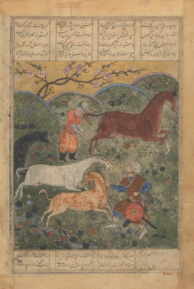 رستم يلتقط الحصان رخش ، ورقة من كتاب شاهنامه للملوك ... ، أواخر القرن الخامس عشر. بواسطة غير معروف