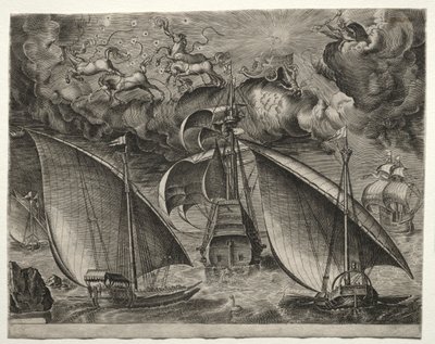 سفن الإبحار: قوادتان تبحران خلف ثلاثة أساتذة مسلحين مع فايتون ... ، 1561-65. بواسطة غير معروف