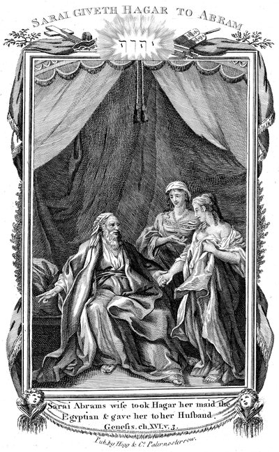 سارة ، زوجة إبراهيم ، كونها قاحلة ، تقدم هاجر لخادمة زوجها ، c1804 بواسطة غير معروف