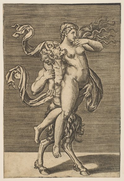 Satyr يحمل حورية تقيد ذراعها الأيمن ، كاليفورنيا. 1515-1600. بواسطة غير معروف
