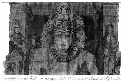 النحت على الحائط في الطرف العلوي من الكهف ، جزيرة إليفانتا ، الهند ، 1799 بواسطة غير معروف