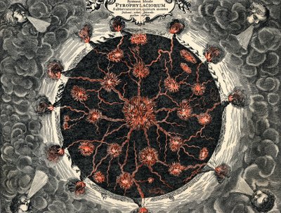 منظر مقطعي للأرض ، يظهر النار المركزية والبراكين ، 1665 بواسطة غير معروف