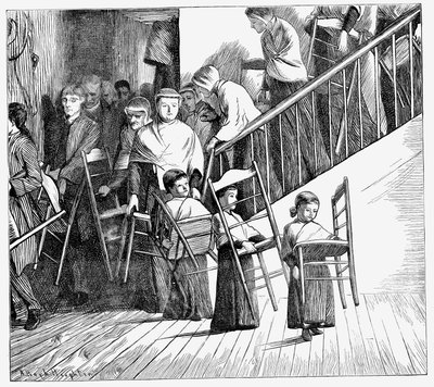مجتمع شاكر يذهب لتناول العشاء ، يحمل كل منهم كرسي شاكر الخاص به ، ولاية نيويورك ، 1870 بواسطة غير معروف