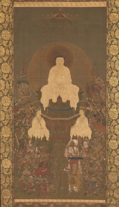 Shakyamuni Triad مع ستة عشر من حماة الحكمة العظيمة سوترا ، أواخر القرن الرابع عشر. بواسطة غير معروف