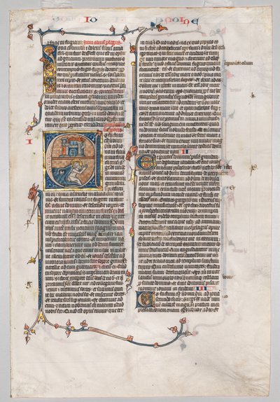ورقة واحدة من الكتاب المقدس: حرف E الأولي مع جونا ابتلعه الحوت ، ج. 1290. بواسطة غير معروف